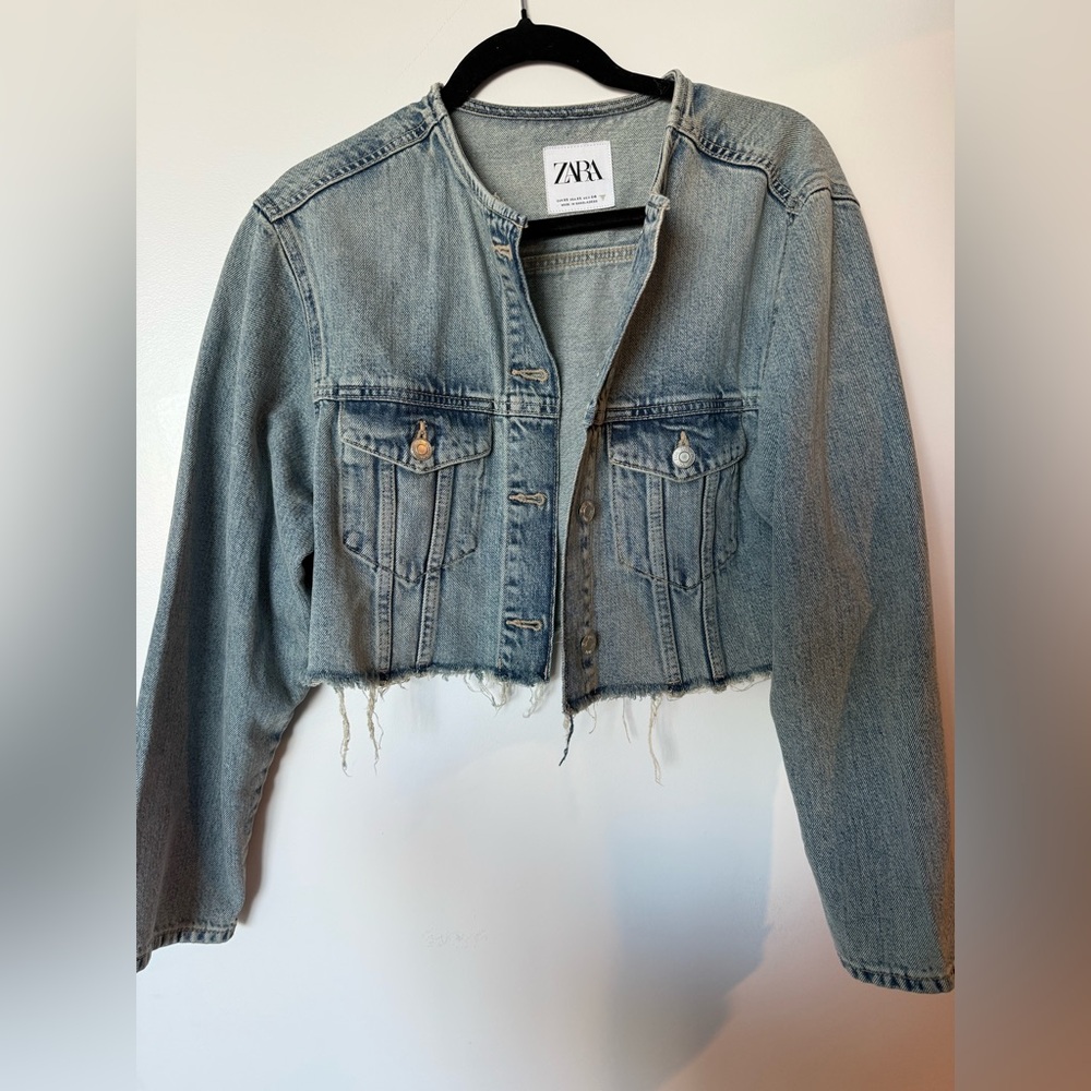 Zara Blue Frayed Hem Denim Crop Jacket - Picture 2 of 4